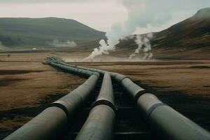 geotermia poder planta en Islandia. hermosa naturaleza de Islandia. tonificado el geotermia energía industria tubería, ai generado foto