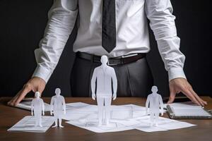 Businessman holding paper model of people on table. Business concept. Team meeting and presentation concept without any face, photo