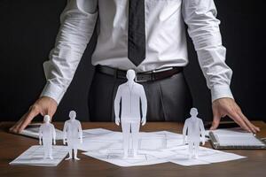 Businessman holding paper model of people on table. Business concept. Team meeting and presentation concept without any face, AI Generated photo