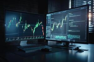 cerca arriba de computadora monitor con brillante forex cuadro. comercio y Finanzas concepto. 3d representación, comercio mercado y económico concepto, ai generado foto