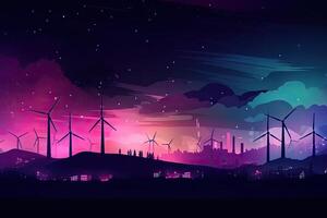 Eco energy background with wind turbines at night. illustration. Wind turbines generating electricity in a dark night, AI Generated photo