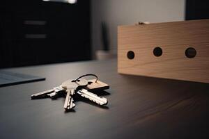 Key on the table in the office. The concept of buying or selling real estate. wooden Home model on an office table and realistic view, AI Generated photo