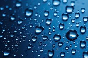 Water drops on blue background. Shallow depth of field. Selective focus. Water drops on blue glass, AI Generated photo