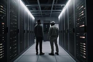 Back view of two young men standing in server room and looking at each other, Two young multiethnic specialists full rear view , AI Generated photo