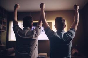 Back view of two men watching tv and raising their hands at home, Two young men in full rear view enjoying tv entertainment, AI Generated photo