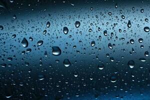 gotas de lluvia en el vaso. azul antecedentes. superficial dof. agua gotas en azul vaso, ai generado foto