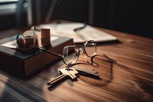 Keychain with keys and a book on a wooden table in the office, wooden Home model on an office table and realistic view, photo