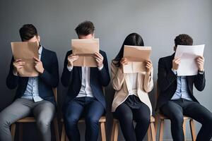 multiethnic businesspeople sitting on chairs and reading papers isolated on grey, Young people hiding their faces behind resume paper, AI Generated photo