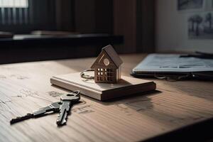 Real estate concept. House model and keys on a wooden table. wooden Home model on an office table and realistic view, photo