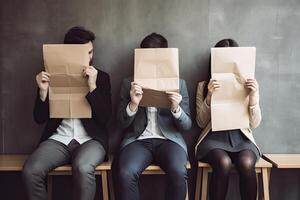 grupo de negocio personas sentado en sillas en oficina y mirando a el cámara, joven personas ocultación su caras detrás currículum papel, ai generado foto