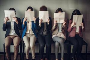Group of young business people covering their faces with papers while waiting for job interview, Young people hiding their faces behind resume paper, photo