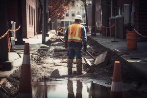 construction worker working on a new road construction site in an urban setting, Utility worker men rear view fixing a broken water line, photo
