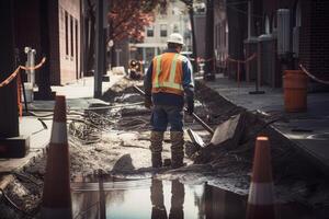 construction worker working on a new road construction site in an urban setting, Utility worker men rear view fixing a broken water line, AI Generated photo