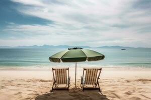 Umbrella and chair on the beautiful beach and sea Vintage Filter, Two easy chairs rear view on the beach with a photo