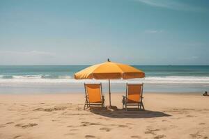 Beach chairs and umbrella on the beach vintage effect style pictures, Two easy chairs rear view on the beach with a photo