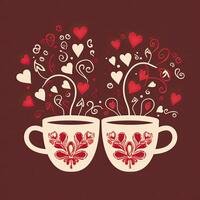 dos tazas de café con corazones en rojo antecedentes. café san valentin día clipart, ai generado foto