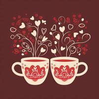 Valentine's day greeting card with two cups and hearts. Coffee Valentines Day clipart, AI Generated photo