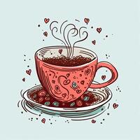 taza de café con corazones. mano dibujado vector ilustración en bosquejo estilo. café san valentin día clipart, ai generado foto