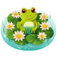 Illustration of a frog sitting on a lily pad with flowers, Cute Little Happy Frog clipart on top of water, AI Generated photo