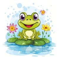 Cute frog sitting on lily pads in the water. Cute Little Happy Frog clipart on top of water, AI Generated photo