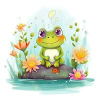 Frog sitting on a rock with flowers in the water. Cute Little Happy Frog clipart on top of water, AI Generated photo