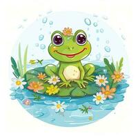 Frog in the water with flowers. Cartoon character. Cute Little Happy Frog clipart on top of water, AI Generated photo