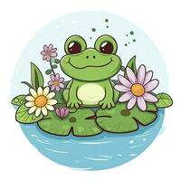 Cute frog sitting on the water lily. Cute Little Happy Frog clipart on top of water, AI Generated photo