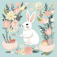 Pascua de Resurrección saludo tarjeta con linda conejito, huevos, flores y floral elementos. ilustración. floral Pascua de Resurrección conejito clipart, ai generado foto