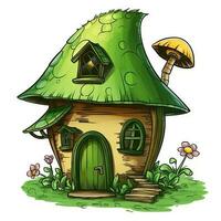 Illustration of a green fairy house with mushrooms on a white background, Green Fairy House Clipart, AI Generated photo