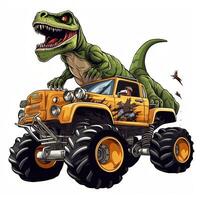 Tyrannosaurus dinosaur on off road vehicle. TRex Riding Monster Truck clipart, AI Generated photo