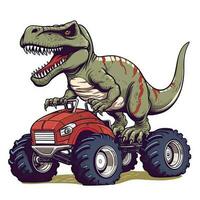 Tyrannosaurus dinosaur rides on a red car.  TRex Riding Monster Truck clipart, AI Generated photo