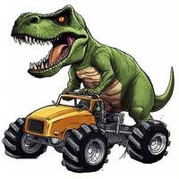 tiranosaurio rex dinosaurio en un monstruo camión. tirano saurio Rex montando monstruo camión clipart, ai generado foto