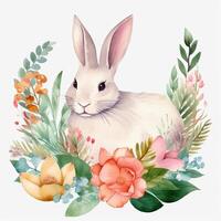 Conejo con flores y hojas. acuarela ilustración en blanco antecedentes. floral Pascua de Resurrección conejito clipart, ai generado foto