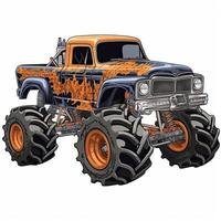 illustration of a monster truck isolated on white background. Cartoon style. Vintage Monster Truck Sublimation clipart, AI Generated photo