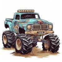 Vintage monster truck on the field. Hand drawn illustration. Vintage Monster Truck Sublimation clipart, AI Generated photo