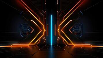 Abstract futuristic background with modern shape. sci fi neon glowing lamps in a dark corridor. Reflections on the floor and walls. Techology futuristic background, illustration photo