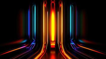 Abstract futuristic background with modern shape. sci fi neon glowing lamps in a dark corridor. Reflections on the floor and walls. Techology futuristic background, illustration photo