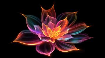 Multicolor neon light drawing, abstract shape flowers isolated on black background. Glowing line art. The Illumination of vibrant radiance of neon flower, illustration photo
