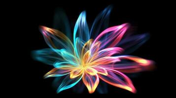 Multicolor neon light drawing, abstract shape flowers isolated on black background. Glowing line art. The Illumination of vibrant radiance of neon flower, Generative AI illustration photo