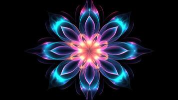 Multicolor neon light drawing, abstract shape flowers isolated on black background. Glowing line art. The Illumination of vibrant radiance of neon flower, illustration photo