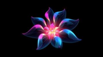 Multicolor neon light drawing, abstract shape flowers isolated on black background. Glowing line art. The Illumination of vibrant radiance of neon flower, Generative AI illustration photo