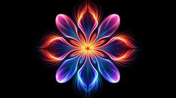 Multicolor neon light drawing, abstract shape flowers isolated on black background. Glowing line art. The Illumination of vibrant radiance of neon flower, illustration photo