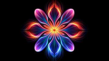 Multicolor neon light drawing, abstract shape flowers isolated on black background. Glowing line art. The Illumination of vibrant radiance of neon flower, Generative AI illustration photo