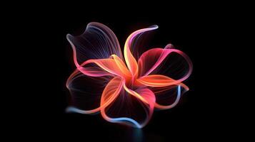 Multicolor neon light drawing, abstract shape flowers isolated on black background. Glowing line art. The Illumination of vibrant radiance of neon flower, Generative AI illustration photo