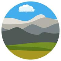 Natural cartoon landscape in circle. Vector illustration in the flat style with blue sky, clouds, hills and mountains.