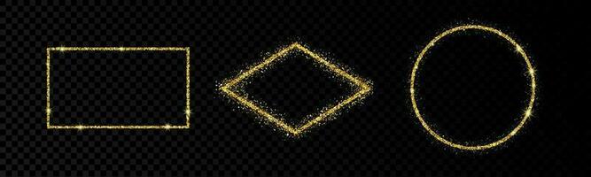 Shiny frames with glowing effects. Set of three glitter gold rectangle, rhombus and round frames vector