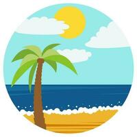 Natural cartoon landscape in circle. Vector illustration in the flat style with palm in the summer beach.