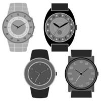 Set of four black and white watches on white background. Clock face with hour, minute and second hands. Vector illustration.