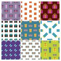 Set of nine seamless patterns with gift boxes. Vector illustration.