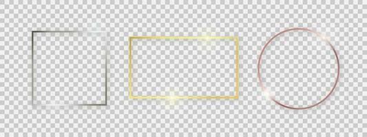 Shiny frames with glowing effects. Set of three gold, silver and rose gold frames with shadows vector